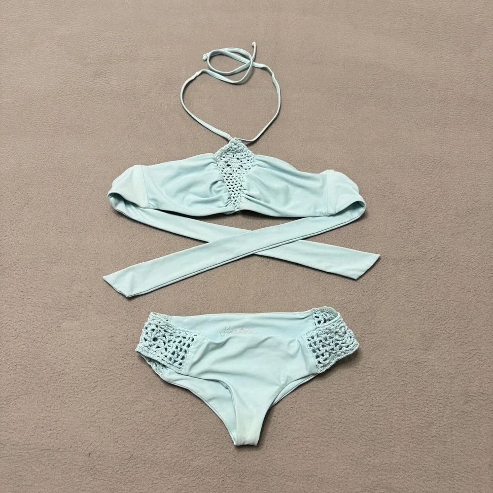 Frankies Bikinis Swimsuit Women XS Blue Crochet Halter Wrap Two Piece Bikini Set
